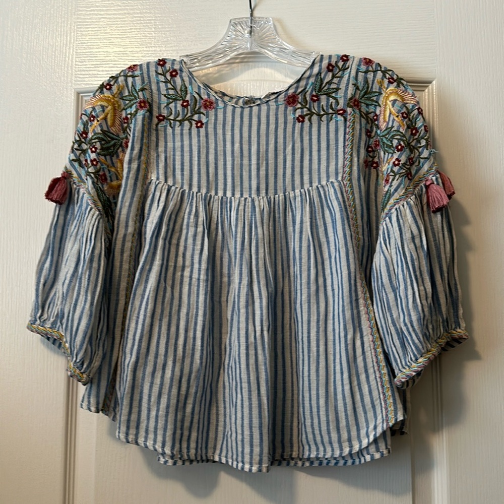 Embroidered Striped Blue and White Women's Top